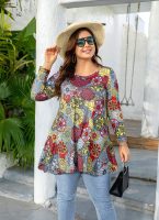 Womens Tunic Tops 3/4 Sleeve Plus Size Crew Neck Swing Flare Loose Fit T-Shirt Blouses to Wear with Leggings