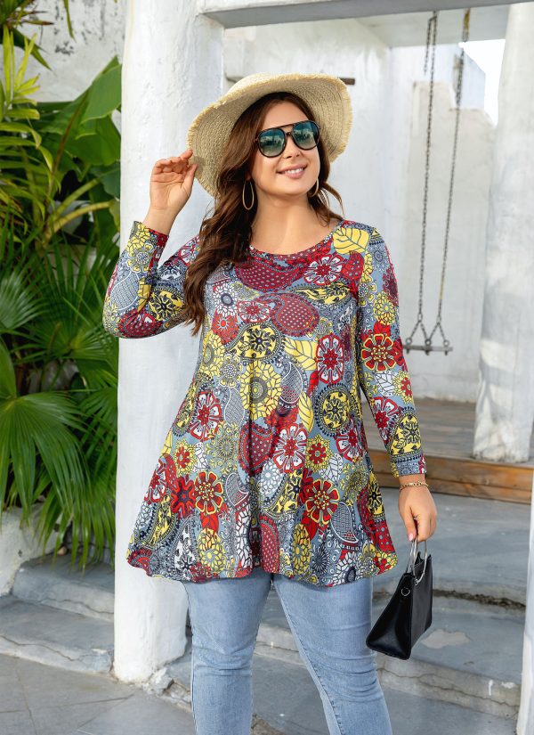 Womens Tunic Tops 3/4 Sleeve Plus Size Crew Neck Swing Flare Loose Fit T-Shirt Blouses to Wear with Leggings