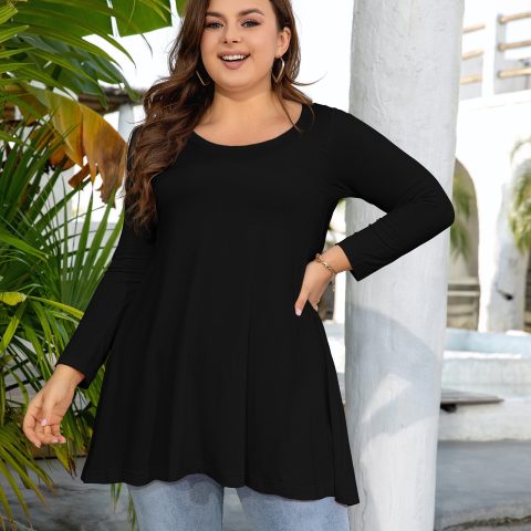 Womens Tunic Tops 3/4 Sleeve Plus Size Crew Neck Swing Flare Loose Fit T-Shirt Blouses to Wear with Leggings