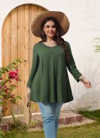 Womens Tunic Tops 3/4 Sleeve Plus Size Crew Neck Swing Flare Loose Fit T-Shirt Blouses to Wear with Leggings