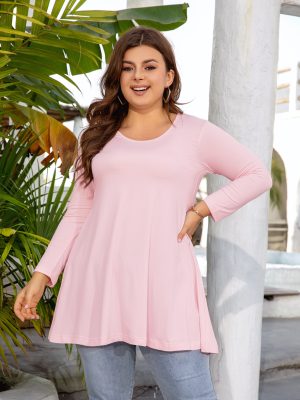 Womens Tunic Tops 3/4 Sleeve Plus Size Crew Neck Swing Flare Loose Fit T-Shirt Blouses to Wear with Leggings