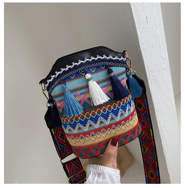 2022 New Ethnic Style Tassel Bucket Bag Wide Shoulder Strap Shoulder Crossbody Small Bag (black)