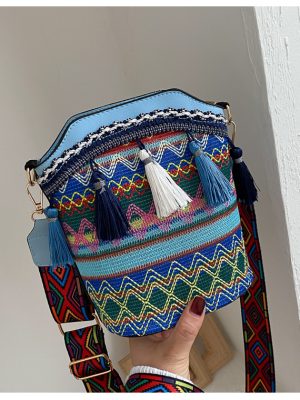 2022 New Ethnic Style Tassel Bucket Bag Wide Shoulder Strap Shoulder Crossbody Small Bag (blue)