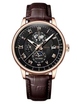 New fashion hot explosive three-eye calendar star moon fashion men's watches men's watches (Black face with rose gold shell)